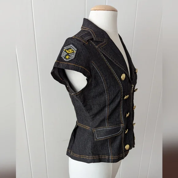 Vintage Y2K Dark Wash Denim Military Style Top by What's Hot Size M - Picture 4 of 7
